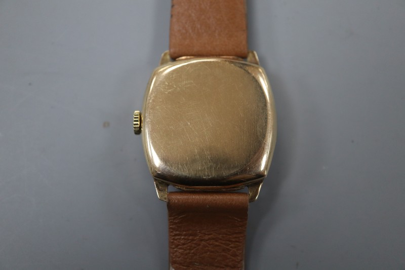 A gentlemans 1950s 9ct gold Bentima Star manual wind wrist watch, on later associated leather strap.